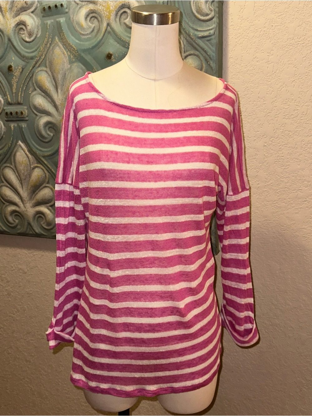 Lauren Ralph Lauren Sweater Womens M Pink White Stripe 100% Linen Lightweight